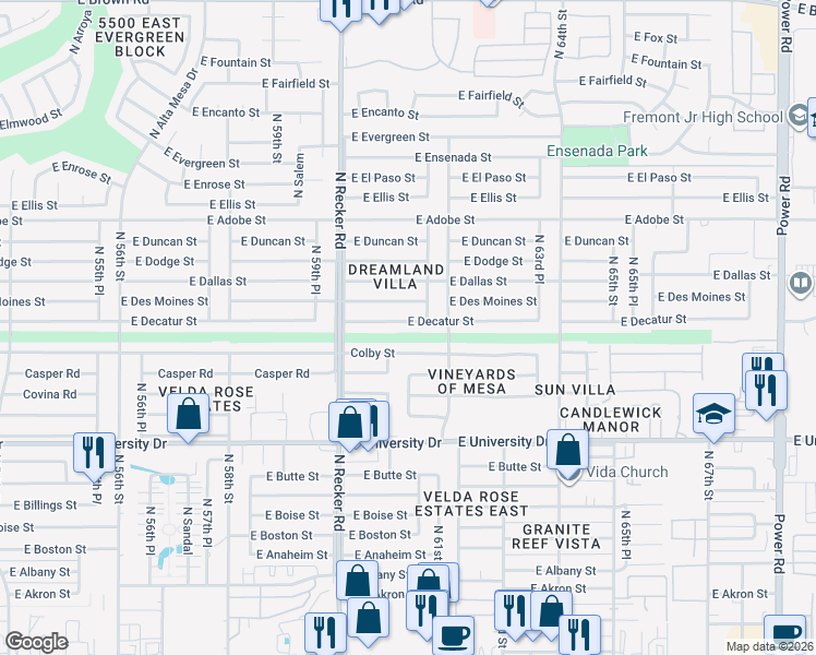 map of restaurants, bars, coffee shops, grocery stores, and more near 6122 Colby Street in Mesa