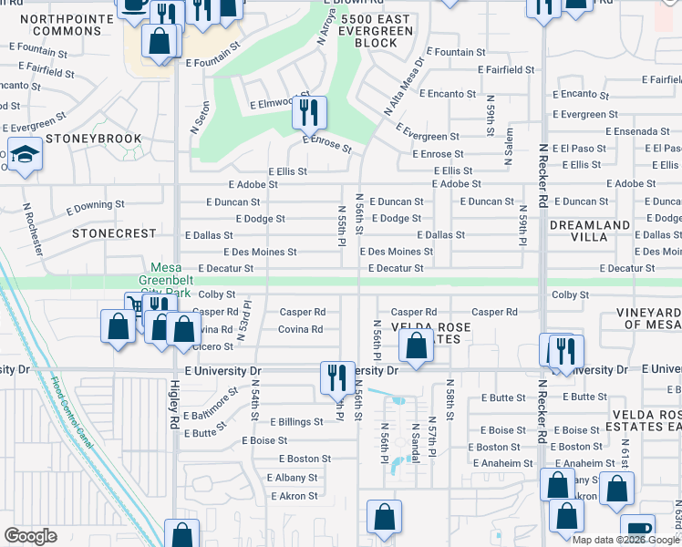 map of restaurants, bars, coffee shops, grocery stores, and more near 5540 Colby Street in Mesa