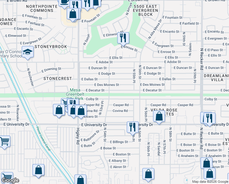 map of restaurants, bars, coffee shops, grocery stores, and more near 5416 Colby Street in Mesa