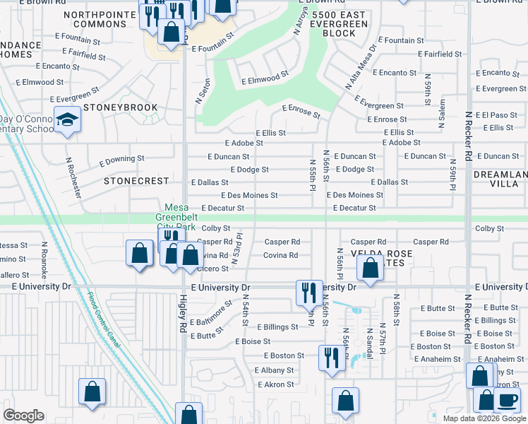 map of restaurants, bars, coffee shops, grocery stores, and more near 5416 Colby Street in Mesa