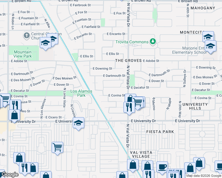map of restaurants, bars, coffee shops, grocery stores, and more near 3461 East Covina Street in Mesa