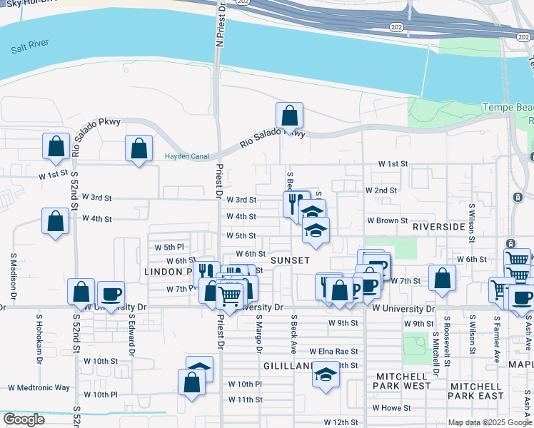 map of restaurants, bars, coffee shops, grocery stores, and more near 1238 West 5th Street in Tempe