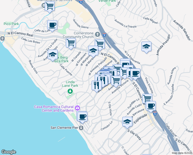 map of restaurants, bars, coffee shops, grocery stores, and more near 214 Avenida Cabrillo in San Clemente