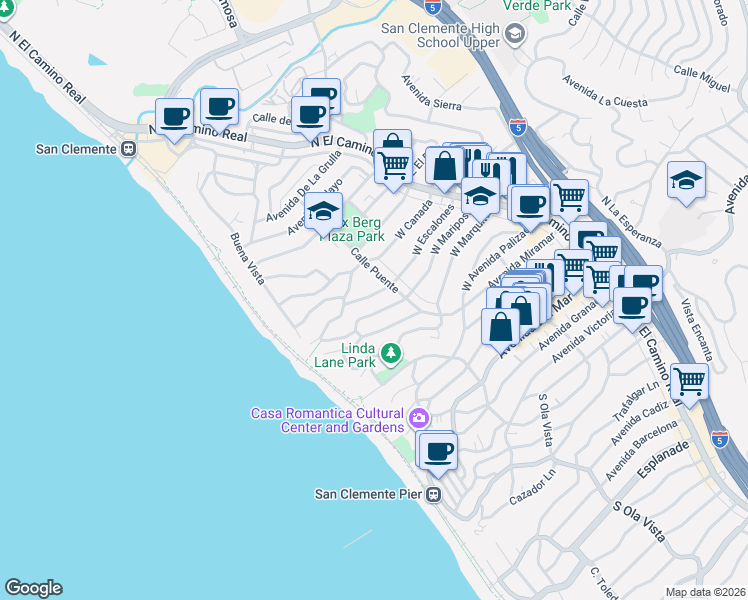 map of restaurants, bars, coffee shops, grocery stores, and more near 227 West Mariposa in San Clemente