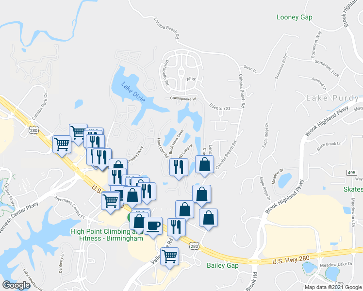 map of restaurants, bars, coffee shops, grocery stores, and more near 1000 Hunt Cliff Road in Birmingham