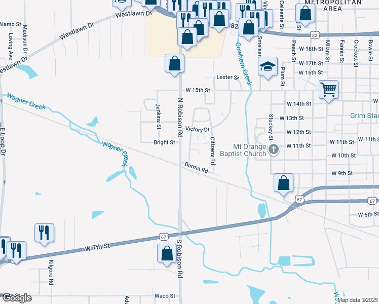 map of restaurants, bars, coffee shops, grocery stores, and more near 547 West Midway Drive in Texarkana