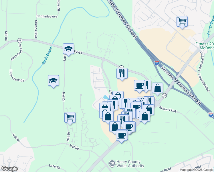 map of restaurants, bars, coffee shops, grocery stores, and more near 325 South Point Boulevard in McDonough