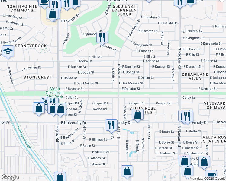 map of restaurants, bars, coffee shops, grocery stores, and more near 5540 Colby Street in Mesa