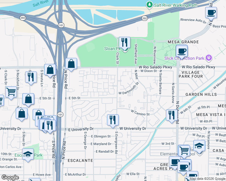 map of restaurants, bars, coffee shops, grocery stores, and more near 280 South Evergreen Road in Tempe