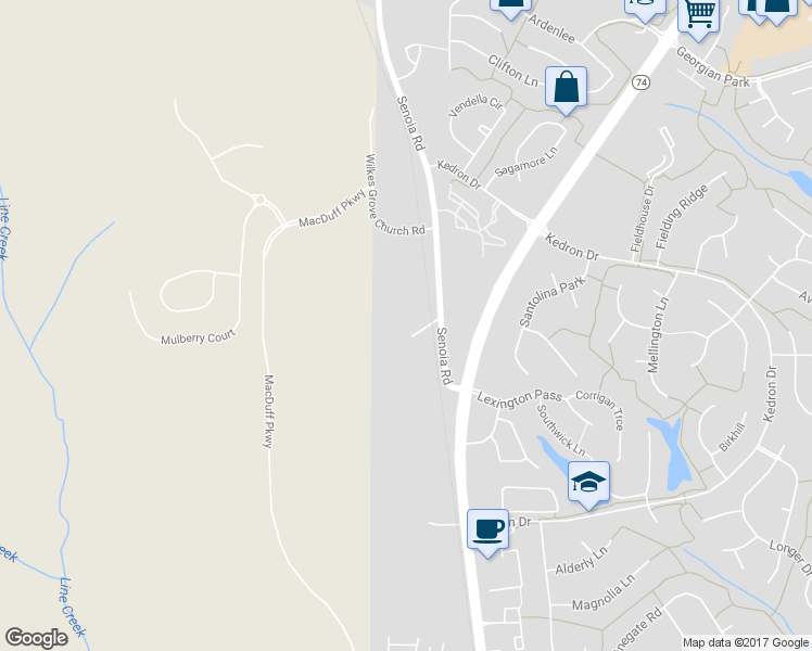 map of restaurants, bars, coffee shops, grocery stores, and more near 138 Senoia Road in Peachtree City
