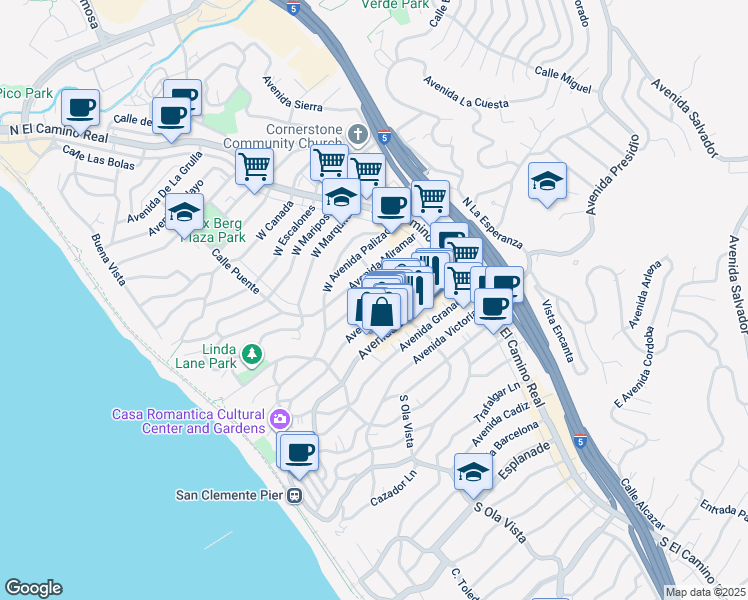 map of restaurants, bars, coffee shops, grocery stores, and more near Avenida Serra in San Clemente