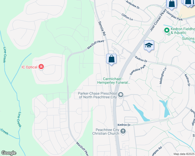 map of restaurants, bars, coffee shops, grocery stores, and more near 605 Skye Court in Peachtree City