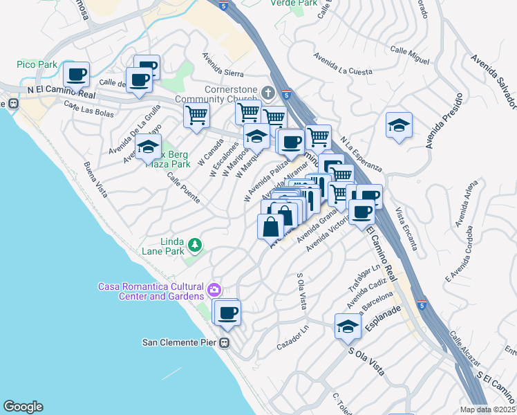 map of restaurants, bars, coffee shops, grocery stores, and more near 225 Avenida Miramar in San Clemente