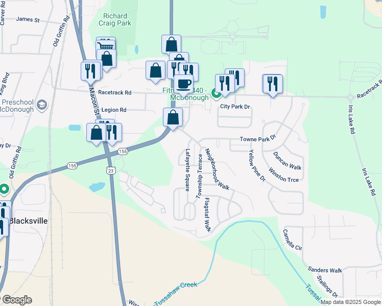 map of restaurants, bars, coffee shops, grocery stores, and more near 1255 Lafayette Square in McDonough