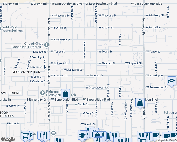 map of restaurants, bars, coffee shops, grocery stores, and more near 2490 West Roundup Street in Apache Junction