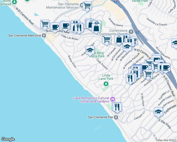 map of restaurants, bars, coffee shops, grocery stores, and more near 236 West Canada in San Clemente