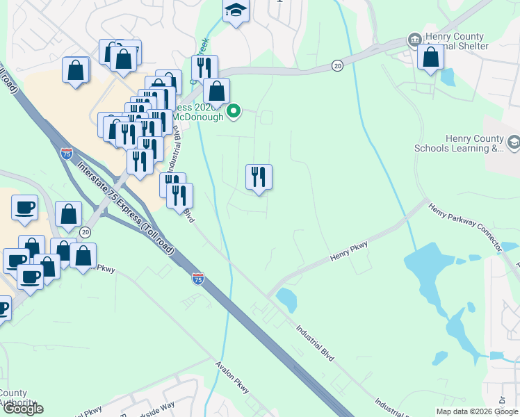 map of restaurants, bars, coffee shops, grocery stores, and more near 646 Fieldcrest Drive in McDonough