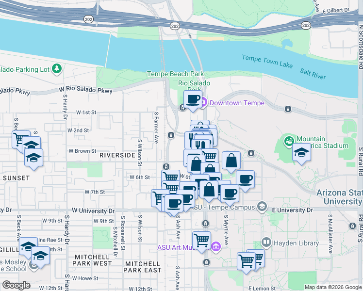 map of restaurants, bars, coffee shops, grocery stores, and more near 400 South Ash Avenue in Tempe