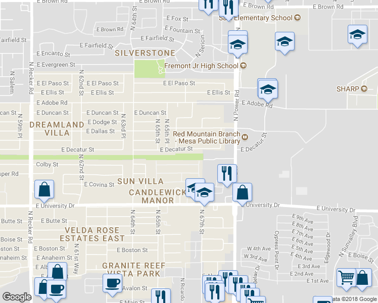 map of restaurants, bars, coffee shops, grocery stores, and more near 6610 East University Drive in Mesa