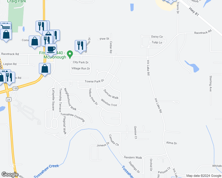 map of restaurants, bars, coffee shops, grocery stores, and more near 6415 Winston Trce in McDonough