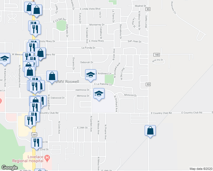 map of restaurants, bars, coffee shops, grocery stores, and more near 808 East La Paloma Lane in Roswell