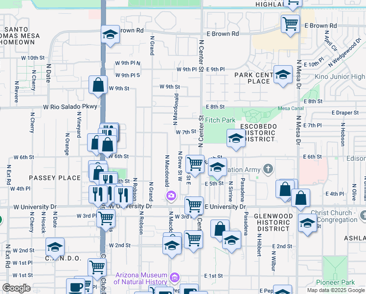 map of restaurants, bars, coffee shops, grocery stores, and more near 47 West 6th Place in Mesa