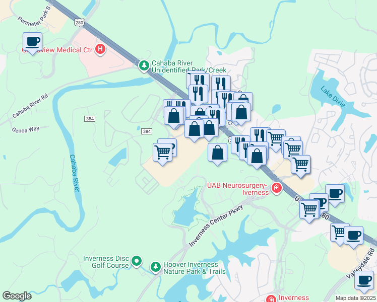 map of restaurants, bars, coffee shops, grocery stores, and more near 4612 U.S. 280 in Birmingham