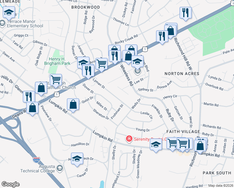 map of restaurants, bars, coffee shops, grocery stores, and more near 2521 Lyman Street in Augusta