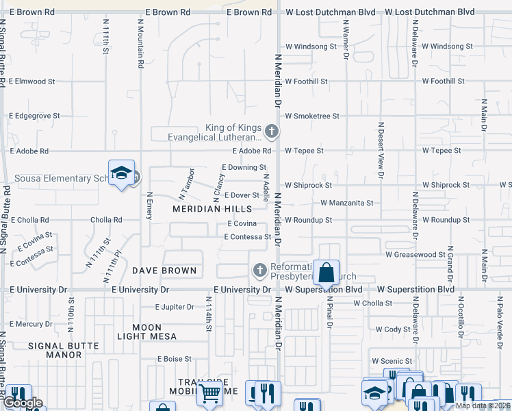 map of restaurants, bars, coffee shops, grocery stores, and more near 11542 East Covina in Mesa