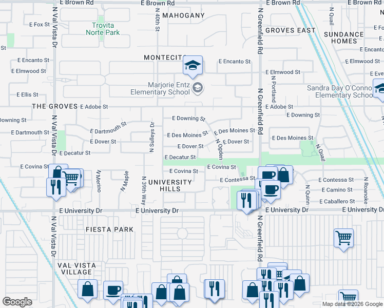 map of restaurants, bars, coffee shops, grocery stores, and more near 4108 East Covina Street in Mesa