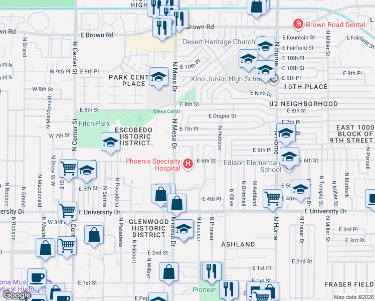 map of restaurants, bars, coffee shops, grocery stores, and more near 545 North Mesa Drive in Mesa