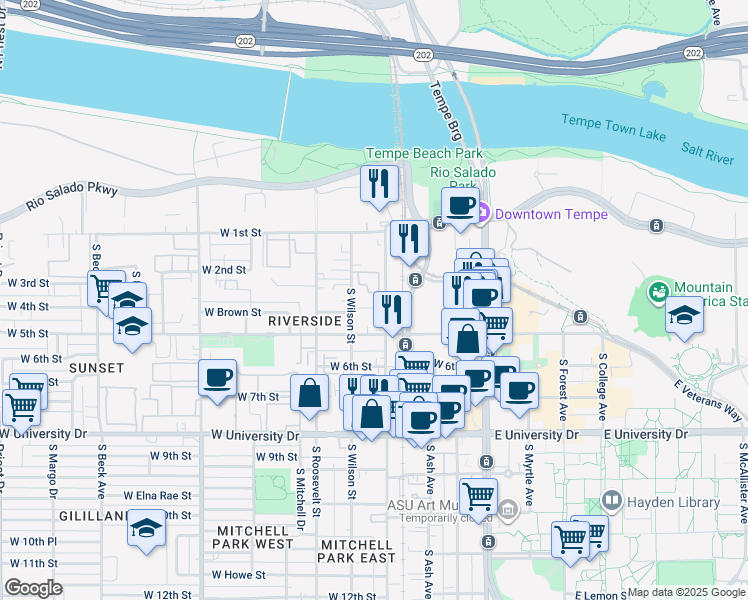 map of restaurants, bars, coffee shops, grocery stores, and more near in Tempe