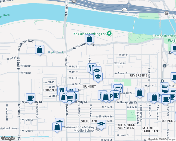 map of restaurants, bars, coffee shops, grocery stores, and more near 410 South Beck Avenue in Tempe