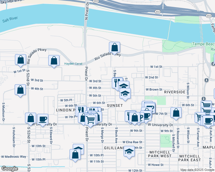 map of restaurants, bars, coffee shops, grocery stores, and more near 1238 West 5th Street in Tempe