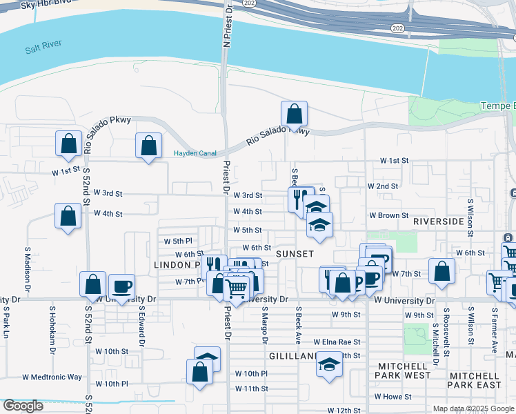 map of restaurants, bars, coffee shops, grocery stores, and more near 1238 West 5th Street in Tempe