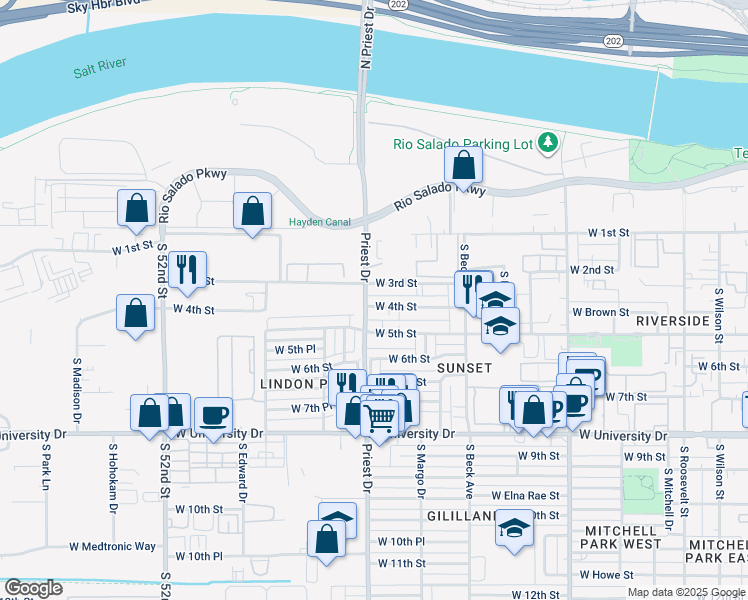 map of restaurants, bars, coffee shops, grocery stores, and more near 1320 West 5th Street in Tempe