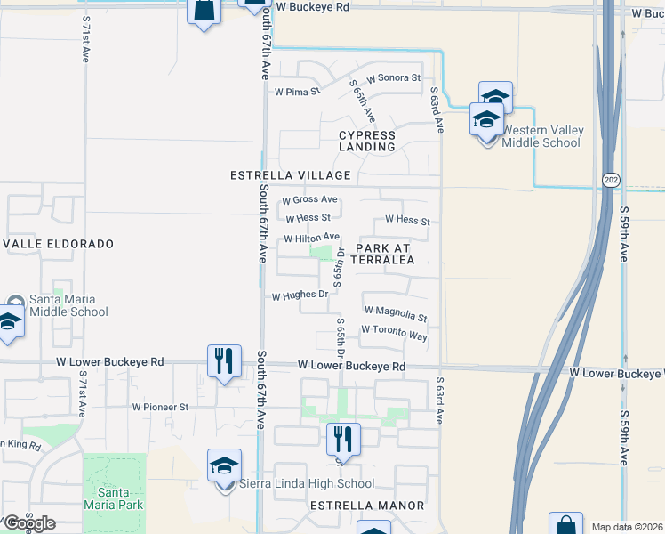 map of restaurants, bars, coffee shops, grocery stores, and more near 2417 South 65th Drive in Phoenix