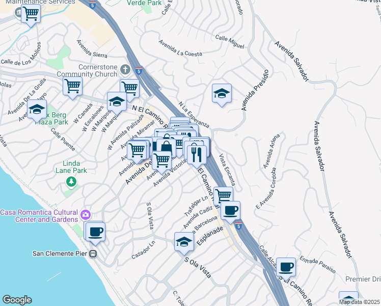 map of restaurants, bars, coffee shops, grocery stores, and more near 117 Avenida Victoria in San Clemente