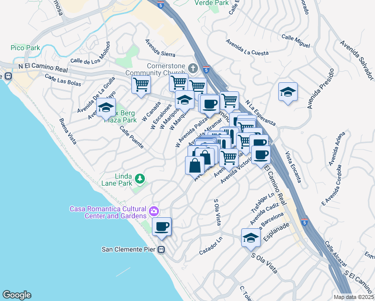 map of restaurants, bars, coffee shops, grocery stores, and more near 236 Avenida Serra in San Clemente