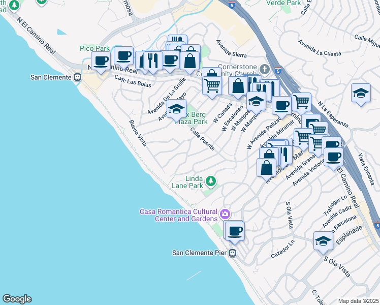 map of restaurants, bars, coffee shops, grocery stores, and more near 236 West Escalones in San Clemente