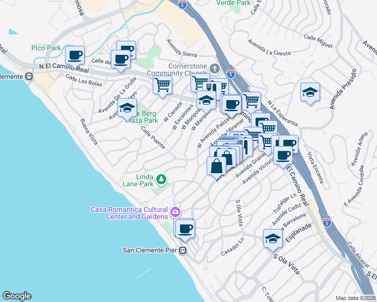 map of restaurants, bars, coffee shops, grocery stores, and more near 155 West Marquita in San Clemente