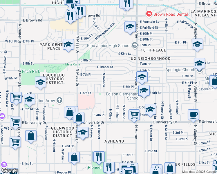 map of restaurants, bars, coffee shops, grocery stores, and more near 553 North Olive in Mesa