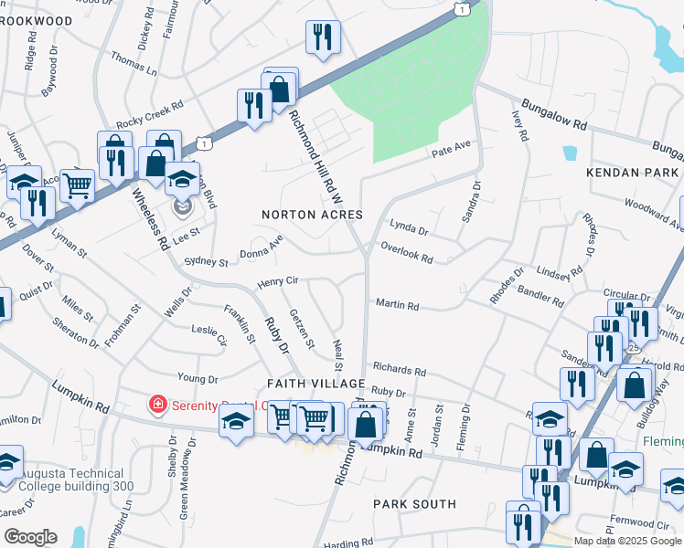 map of restaurants, bars, coffee shops, grocery stores, and more near 2309 Poteet Street in Augusta