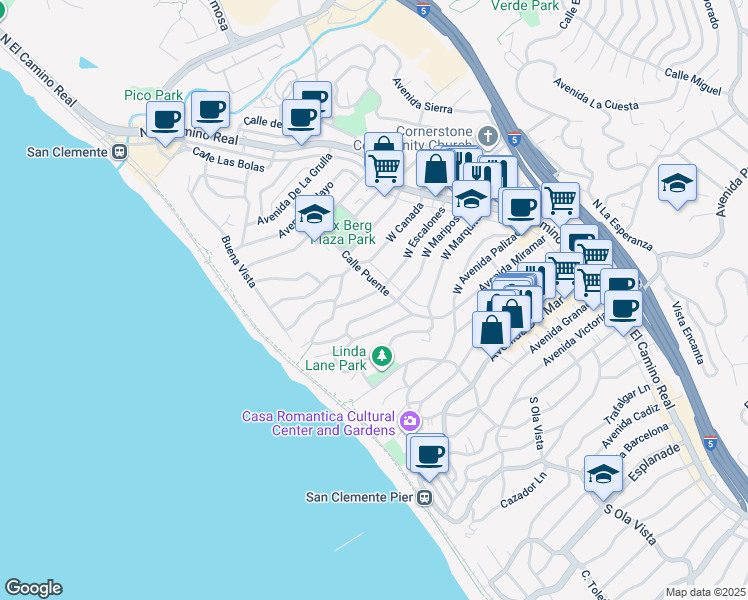 map of restaurants, bars, coffee shops, grocery stores, and more near in San Clemente
