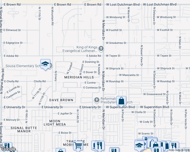 map of restaurants, bars, coffee shops, grocery stores, and more near 11542 East Covina in Mesa