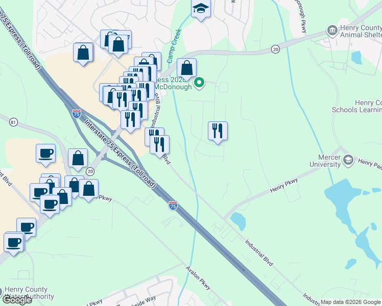 map of restaurants, bars, coffee shops, grocery stores, and more near 269 Village Drive in McDonough