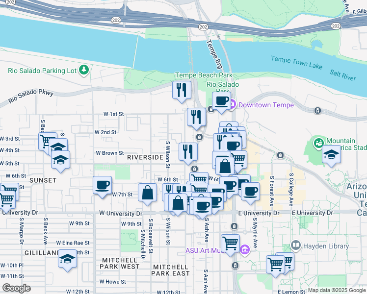 map of restaurants, bars, coffee shops, grocery stores, and more near 352 South Farmer Avenue in Tempe