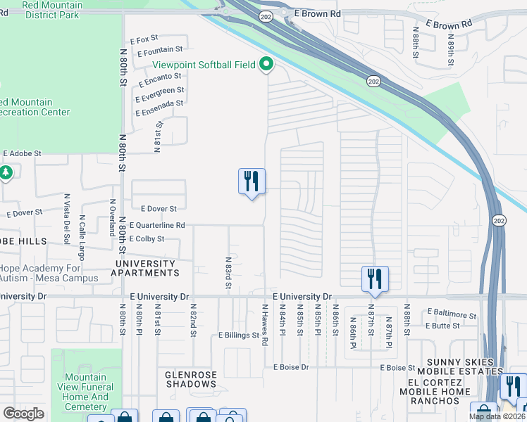 map of restaurants, bars, coffee shops, grocery stores, and more near North Hawes Road in Mesa