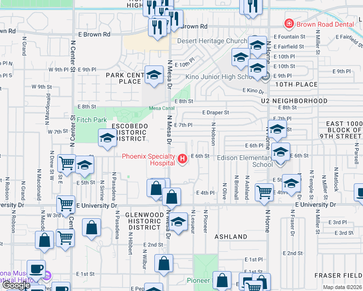 map of restaurants, bars, coffee shops, grocery stores, and more near 426 East Royal Palms Drive in Mesa