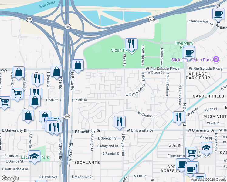 map of restaurants, bars, coffee shops, grocery stores, and more near 2401 East Rio Salado Parkway in Tempe